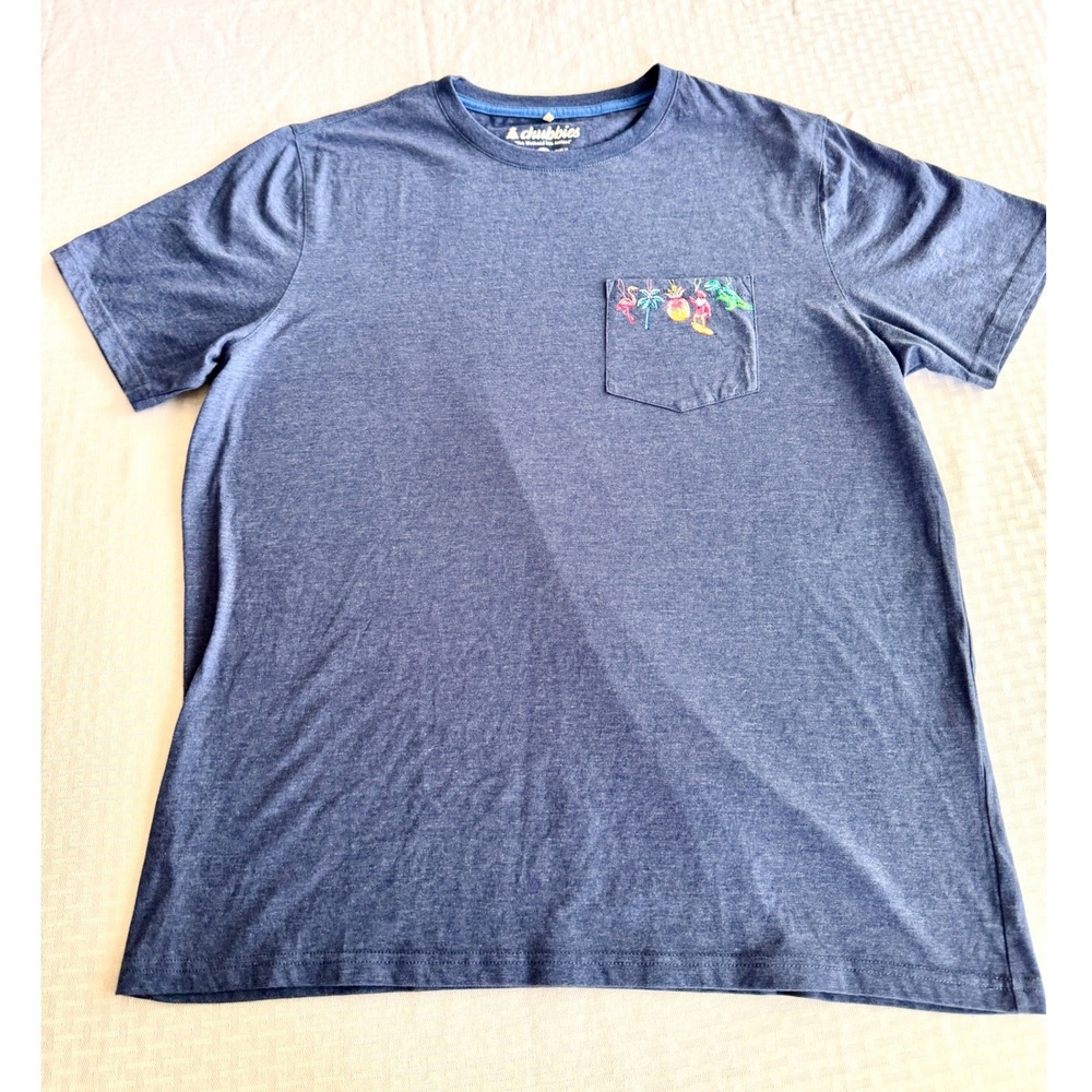 Chubbies Mens XL Tropical Pocket Tee Blue Summer Vacation Flamingo T-Rex Shirt